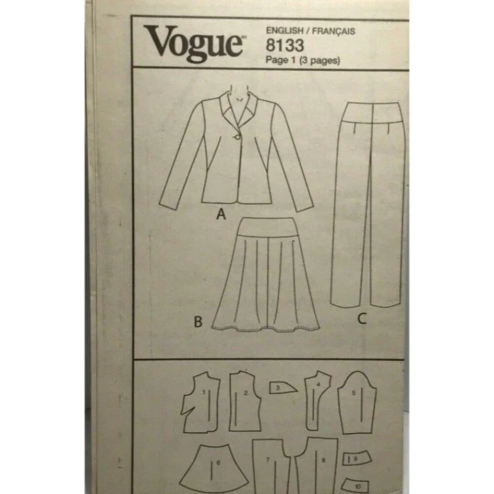 #V8133 Vogue suit sewing pattern very easy jacket, skirt  size 16-22